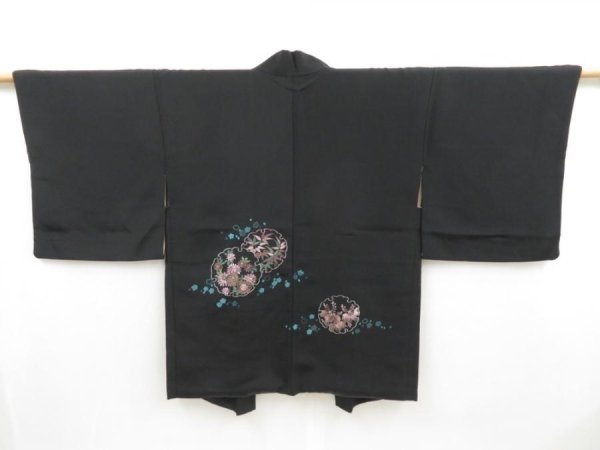 Photo1: 4427T05z530 Vintage Japanese Kimono Silk HAORI Embro Yukiwa Black (1)