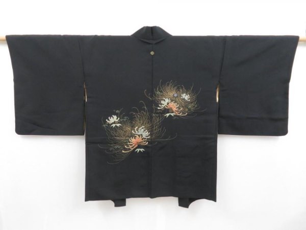 Photo1: 4427T10z550 Vintage Japanese Kimono Silk HAORI Chrysanthemum Black (1)