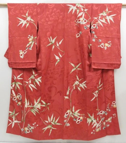 Photo1: 4427T12z840 Antique Japanese Kimono Silk TSUKESAGE Bamboo grass Red-Brown (1)