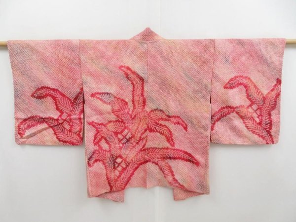 Photo1: 4428T05z390 Vintage Japanese Kimono Silk SHIBORI HAORI Leaf Red-Pink (1)