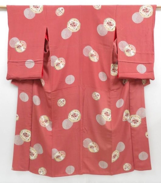 Photo1: 4428T09z640 Vintage Japanese Kimono Silk KOMON Flower Red-Brown (1)