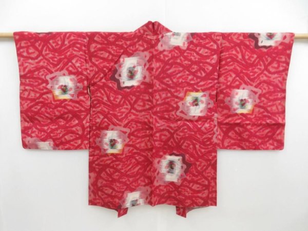 Photo1: 4429T05z420 Vintage Japanese Kimono Silk MEISEN HAORI Kasuri Dark red (1)