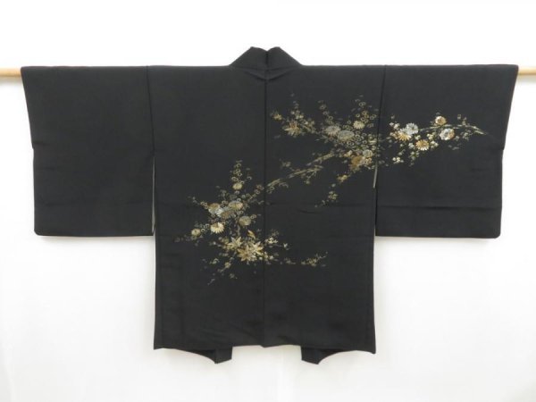 Photo1: 4429T06z550 Vintage Japanese Kimono Silk HAORI Chrysanthemum Black (1)