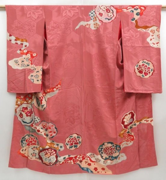 Photo1: 4429T10z750 Antique Japanese Kimono Silk TSUKESAGE Plum blossom Coral pink (1)