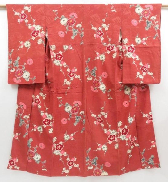 Photo1: 4429T11z810 Antique Japanese Kimono Silk KOMON Plum blossom Dull red (1)