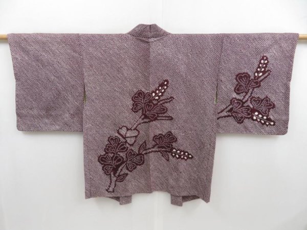 Photo1: 4502T01z450 Vintage Japanese Kimono Silk SHIBORI HAORI Flower Grape-Brown (1)