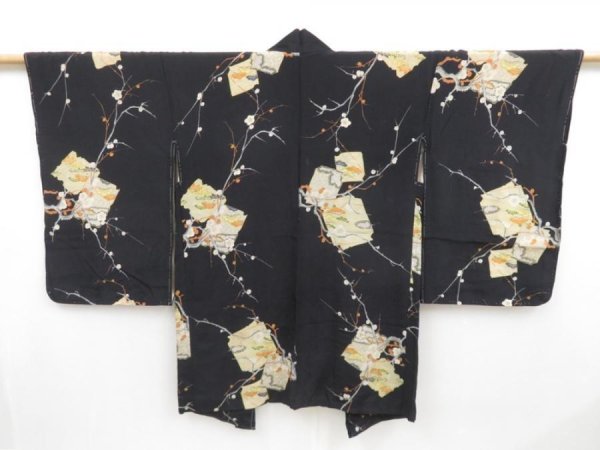 Photo1: 4502T03z450 Vintage Japanese Kimono Silk HAORI Plum blossom Black (1)