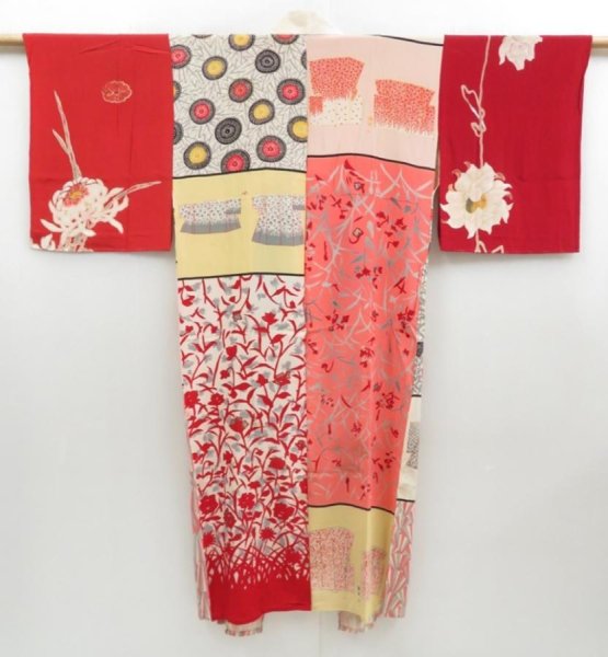 Photo1: 4502T07z380 Vintage Japanese Kimono Silk JUBAN Chrysanthemum Dark red (1)