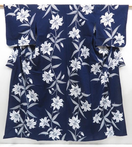 Photo1: 4502T10z430  Japanese Kimono Cotton YUKATA Lily Navy (1)