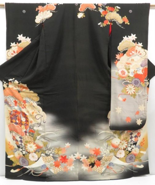 Photo1: 4502T11z1480 Antique Japanese Kimono Silk FURISODE Shell box Black (1)