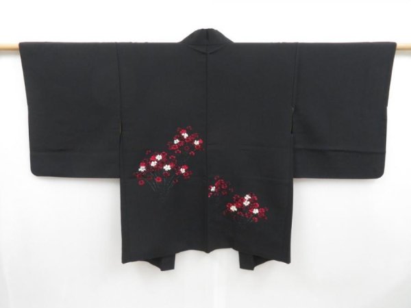 Photo1: 4503T01z510 Vintage Japanese Kimono Silk HAORI Embro Flower Black (1)