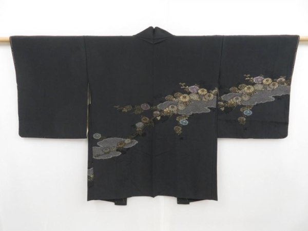 Photo1: 4503T03z570 Vintage Japanese Kimono Silk HAORI Chrysanthemum Black (1)