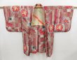 Photo5: 4503T04z500 Vintage Japanese Kimono Silk MEISEN HAORI Flower Dull red (5)