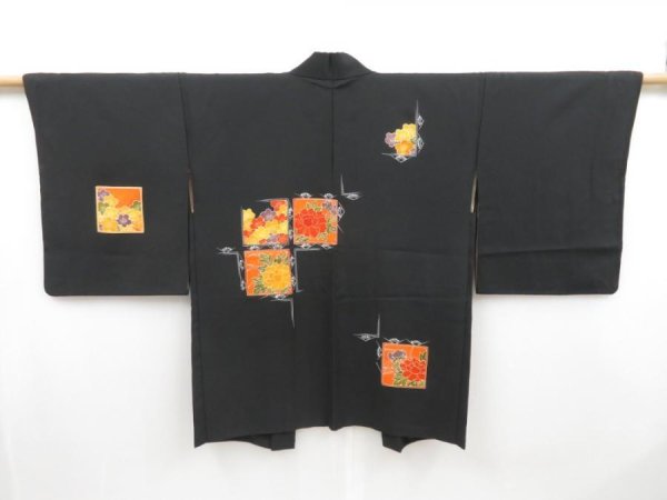 Photo1: 4503T05z590 Vintage Japanese Kimono Silk HAORI Peony Black (1)