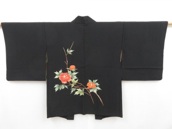 Photo1: 4504T01z610 Vintage Japanese Kimono Silk HAORI Peony Black (1)