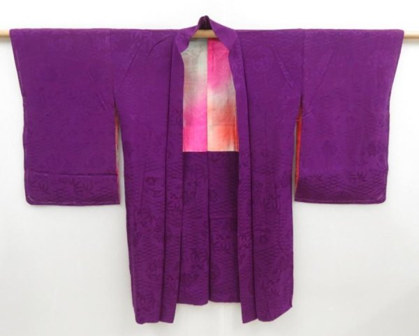 Photo1: 4504T02z390 Antique Japanese Kimono Silk HAORI Flowers Purple (1)