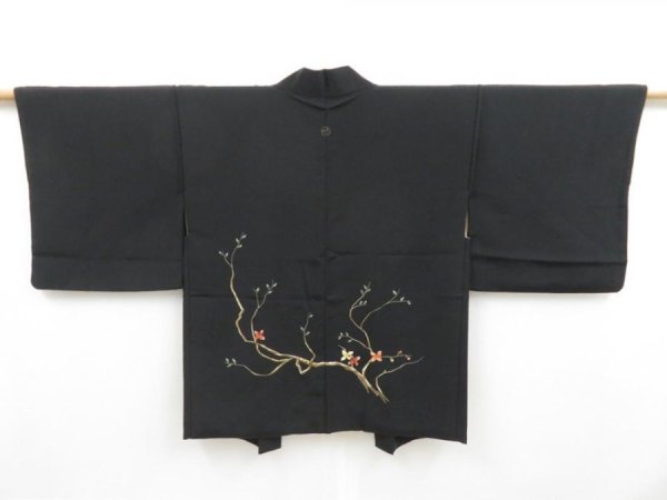 Photo1: 4504T04z540 Vintage Japanese Kimono Silk HAORI Branch Embro Black (1)