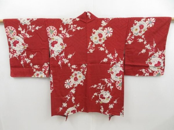 Photo1: 4504T05z480 Vintage Japanese Kimono Jinken HAORI Yukiwa Red-Brown (1)