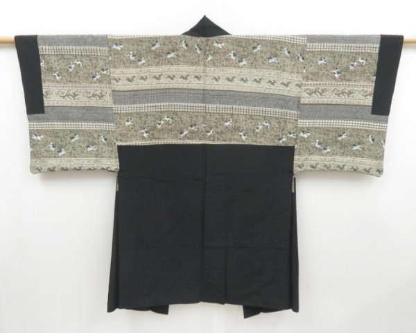 Photo1: 4504T06z670 Vintage Japanese Kimono Silk Men's HAORI Dog Black (1)