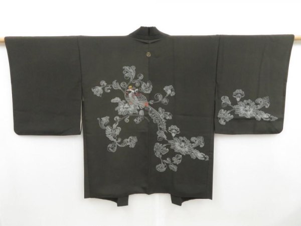 Photo1: 4504T08z560 Vintage Japanese Kimono Silk HAORI Phoenix Dark gray-olive (1)