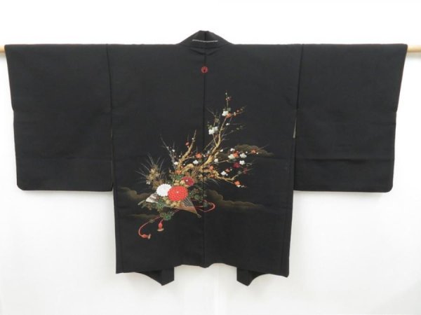 Photo1: 4504T10z510 Vintage Japanese Kimono Silk HAORI Plum blossom Black (1)