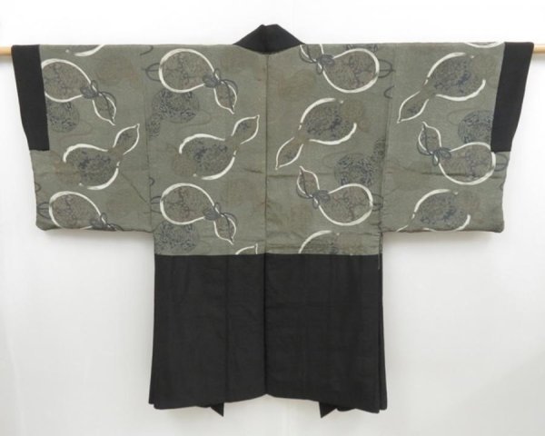 Photo1: 4504T11z610 Vintage Japanese Kimono Silk Men's HAORI Gourd Black (1)