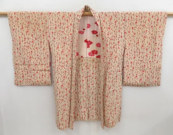 Photo1: 4504T12z600 Vintage Japanese Kimono Silk HAORI Flower Champagne (1)