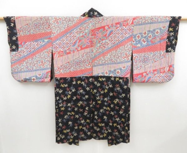 Photo1: 4504T13z390 Antique Japanese Kimono Silk HAORI Flower Black (1)