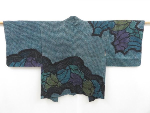 Photo1: 4505T05z490 Vintage Japanese Kimono Silk SHIBORI HAORI Steel blue (1)