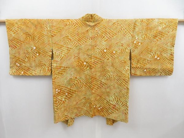 Photo1: 4505T07z540 Vintage Japanese Kimono Silk SHIBORI HAORI Wave Dark yellow (1)