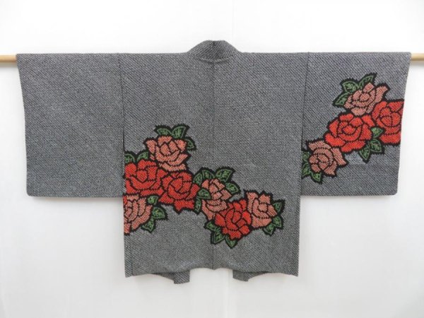 Photo1: 4505T10z410 Vintage Japanese Kimono Silk SHIBORI HAORI Rose Black (1)