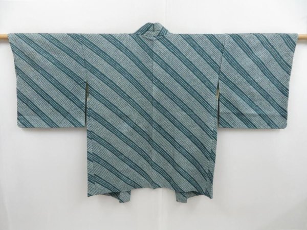 Photo1: 4505T11z410 Vintage Japanese Kimono Silk SHIBORI HAORI  Deep cyan (1)