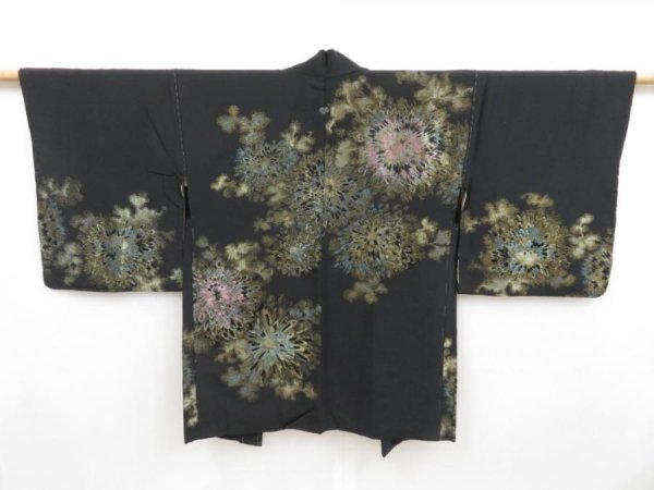 Photo1: 4506T07z610 Vintage Japanese Kimono Silk HAORI Chrysanthemum Black (1)