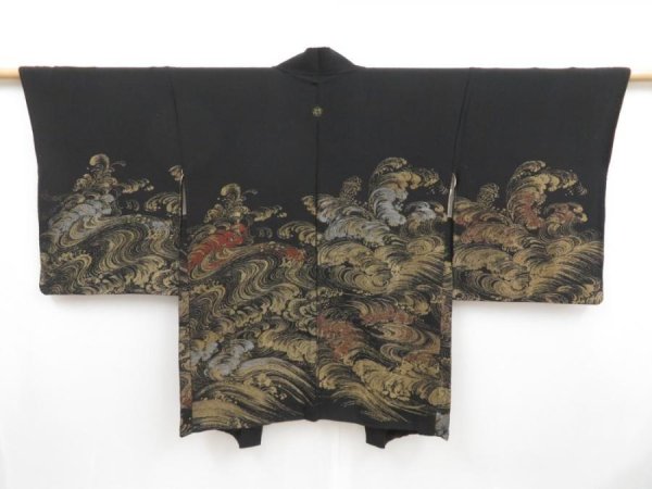 Photo1: 4506T10z680 Vintage Japanese Kimono Silk HAORI Wave Black (1)