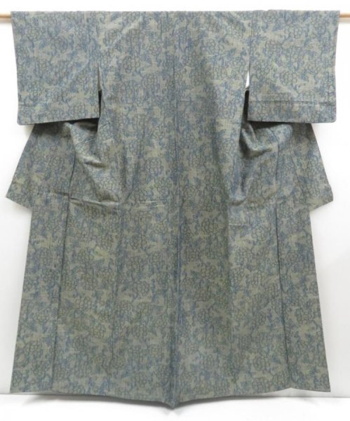 Photo1: 4509T03z800 Vintage Japanese Kimono Silk TSUMUGI Peony Dull olive (1)