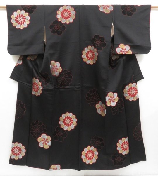 Photo1: 4509T07z910 Vintage Japanese Kimono Silk TSUMUGI Chrysanthemum Black (1)