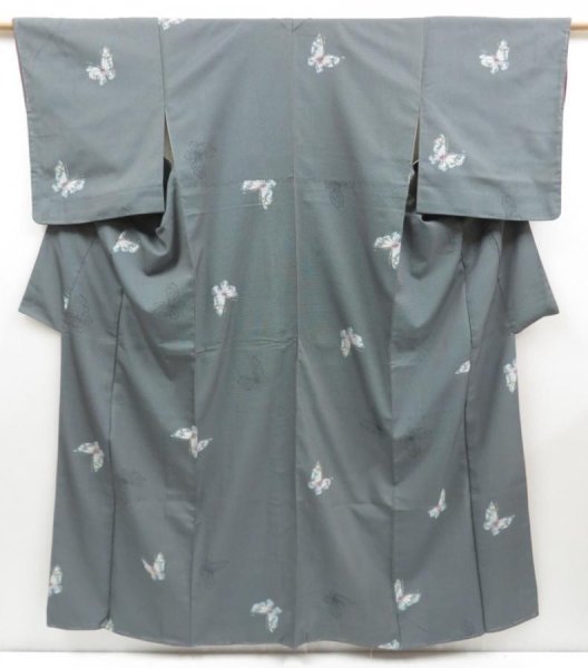 Photo1: 4509T09z840  Japanese Kimono Silk TSUMUGI Butterfly Gray (1)