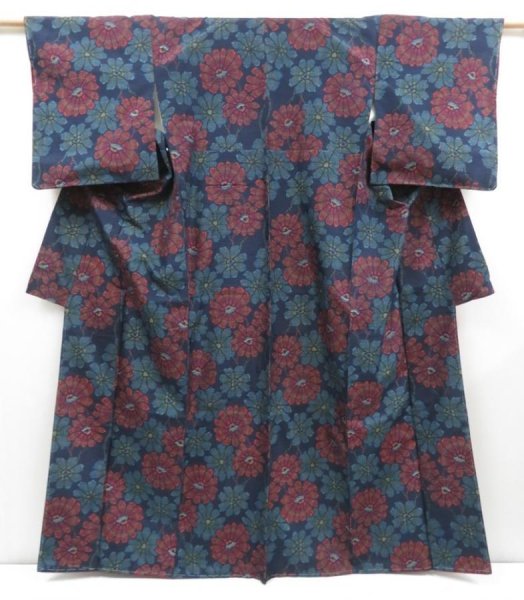 Photo1: 4509T11z790 Vintage Japanese Kimono Silk TSUMUGI Flower Dark navy (1)