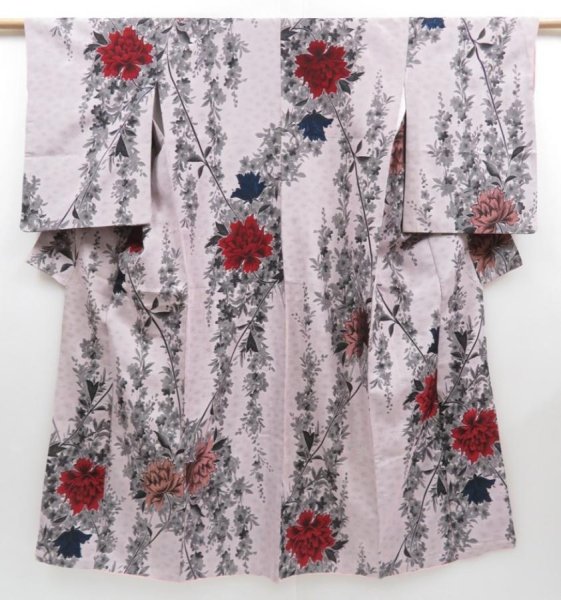 Photo1: 4509T12z990 Vintage Japanese Kimono Silk OMESHI Flowers Ash rose (1)