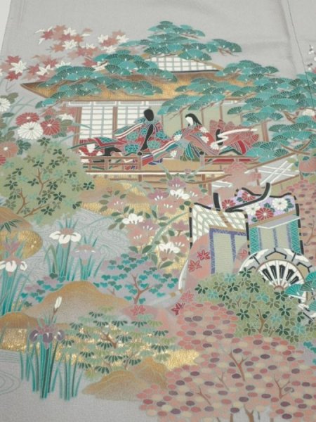 Photo1: 2N03z240  Japanese Kimono Silk  FABRIC Japanese palace garden Gray 63.8x28.3 (1)