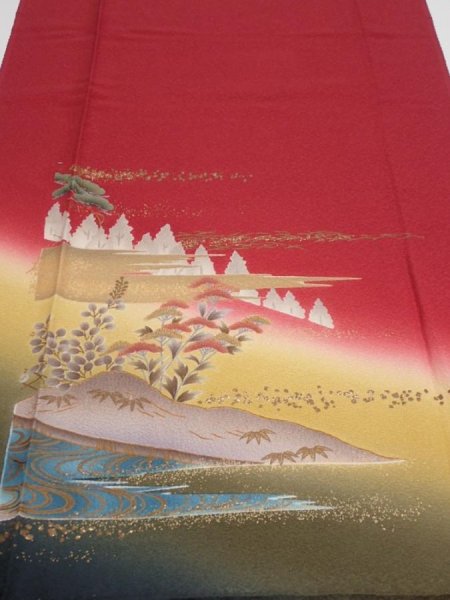 Photo1: 2N03z90  Japanese Kimono Silk  FABRIC Scenery Dark red 66.1x15.6 (1)