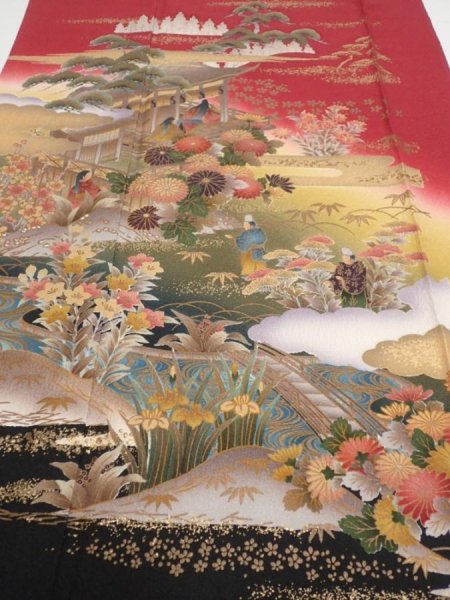 Photo1: 2N04z140  Japanese Kimono Silk  FABRIC Japanese palace garden Dark red 63.0x19.9 (1)