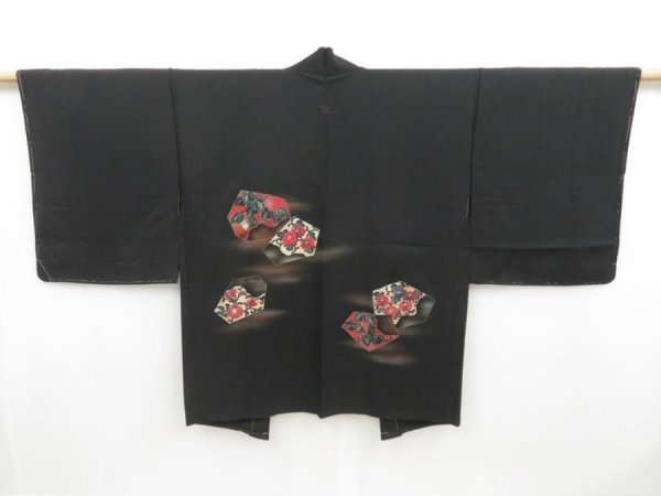 Photo1: 4510T01z560 Vintage Japanese Kimono Silk HAORI Flowers Black (1)