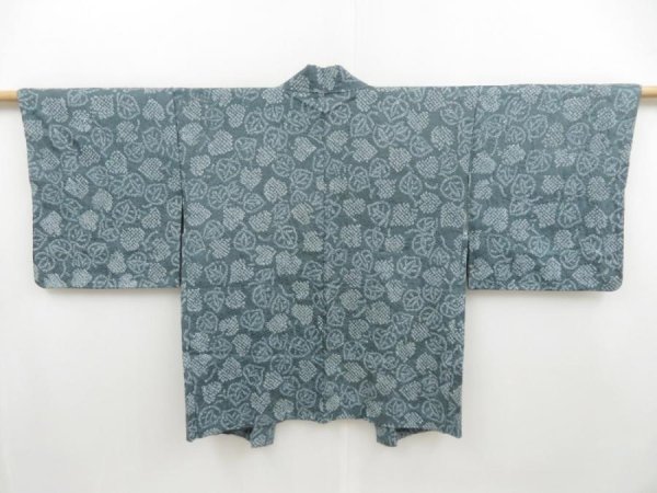 Photo1: 4510T02z420 Vintage Japanese Kimono Silk SHIBORI HAORI Leaf Dull cyan (1)