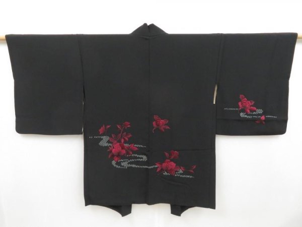 Photo1: 4510T06z620 Vintage Japanese Kimono Silk HAORI Rose Black (1)