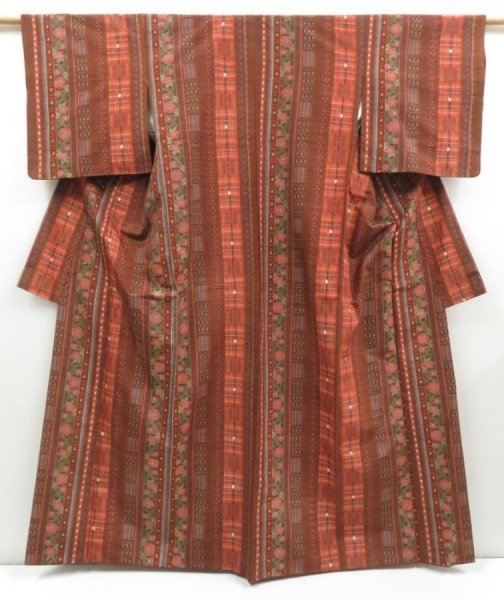 Photo1: 4510T07z810  Japanese Kimono Silk TSUMUGI Flower Brown (1)