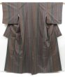 Photo2: 4510T11z880  Japanese Kimono Silk TSUMUGI Stripe Brown-Gray (2)