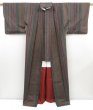 Photo6: 4510T11z880  Japanese Kimono Silk TSUMUGI Stripe Brown-Gray (6)