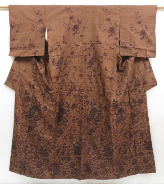 Photo1: 4510T13z860 Vintage Japanese Kimono Silk TSUMUGI Light brown (1)