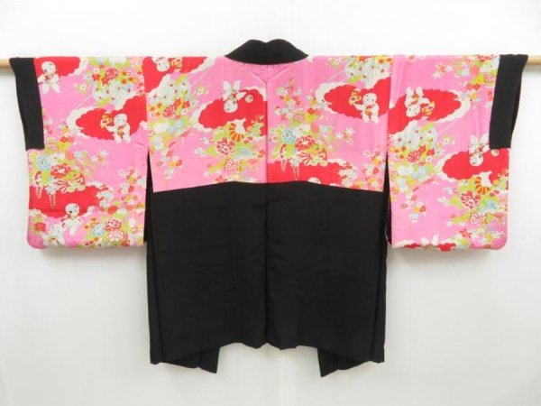 Photo1: 4511T03z450 Vintage Japanese Kimono Silk HAORI Plain Black (1)